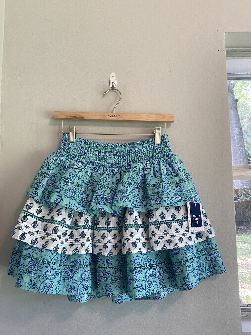 NEW Roller Rabbit Women's S Green Blue Tiered Cotton Mini Skirt NWT